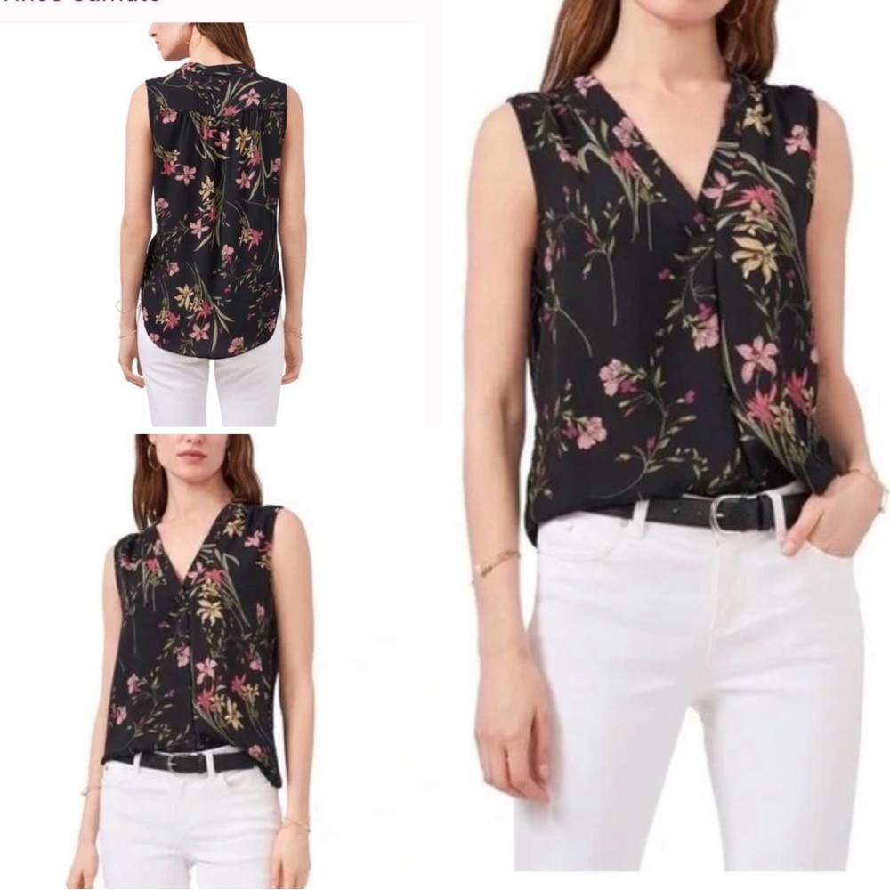 Vince Camuto NWT! Merra Pleated Shoulder Detail Sleeveless Blouse In Black/Multi